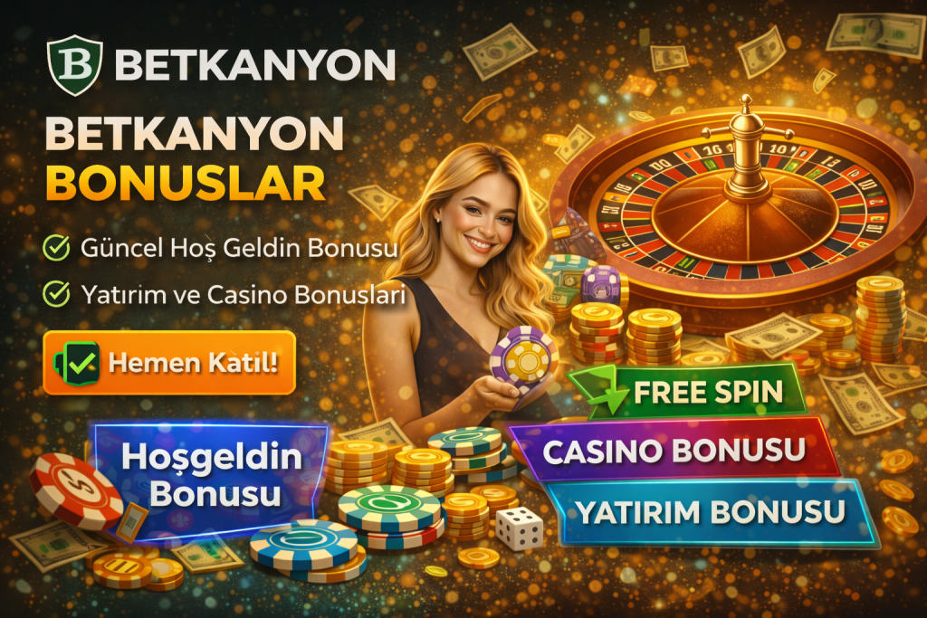 Betkanyon bonusları kapsamında sunulan hoşgeldin bonusu, casino bonusu ve yatırım bonuslarını temsil eden casino temalı görsel